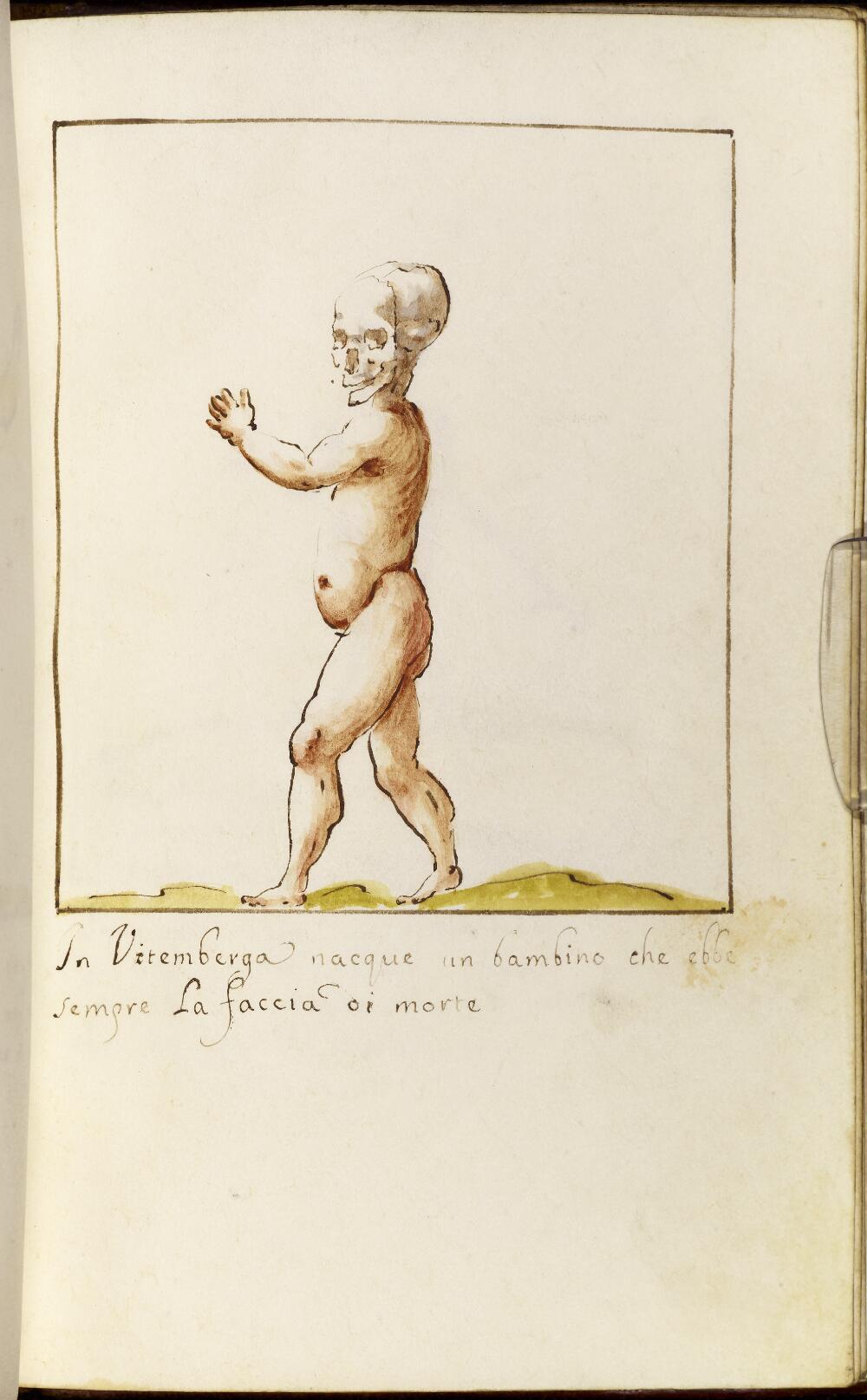 Illustration of a child with a skull-like face, walking and gesturing with hands.